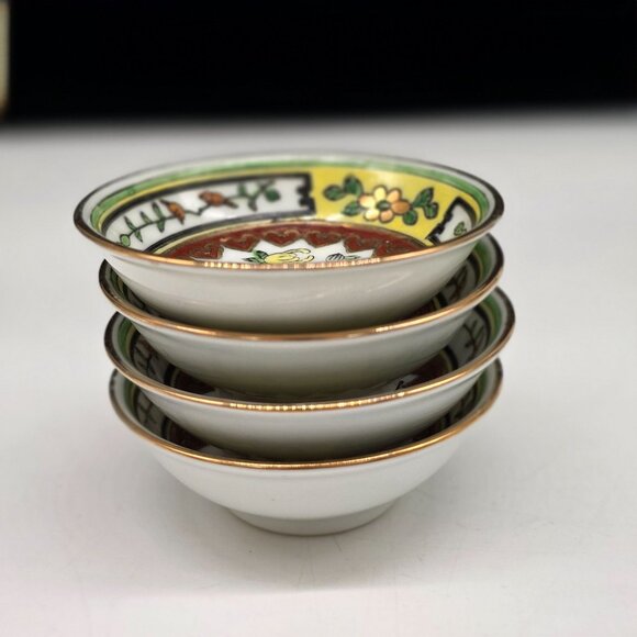 Chinese Porcelain Mini Sauce Bowls Floral Butterfly Heart Design Gold Trim 2" - Picture 3 of 6